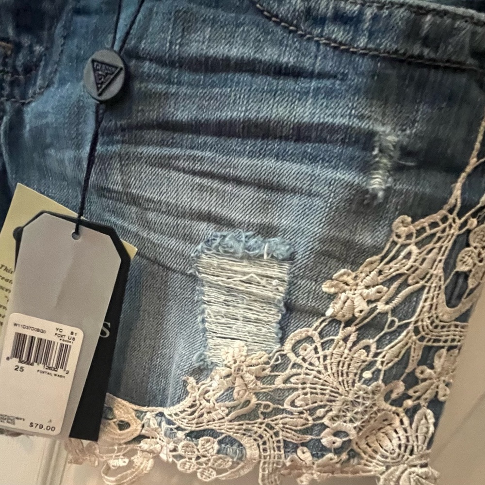 GUESS Women's Blue Denim Shorts with Lace Detail - Picture 5 of 5